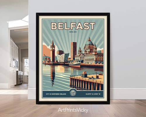 Vintage Belfast cityscape artwork with vibrant colors