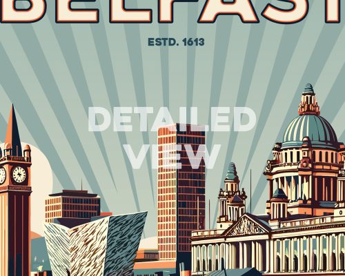 Retro-style illustration of Belfast featuring notable buildings and structures in a colorful design.