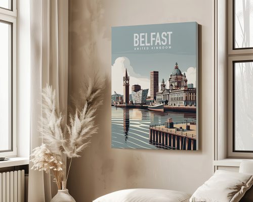 Art print of Belfast showcasing notable buildings and waterfront in a stylized design.