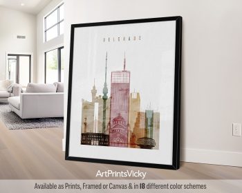 Art print featuring a stylized cityscape of Belgrade with notable buildings and landmarks.