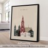 Art print featuring a stylized cityscape of Bergen with notable buildings in various colors.