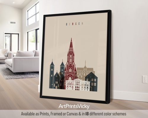 Bergen skyline featuring the Bryggen houses, colorful architecture, and surrounding hills in a warm and inviting Earth Tones 2 palette by ArtPrintsVicky.