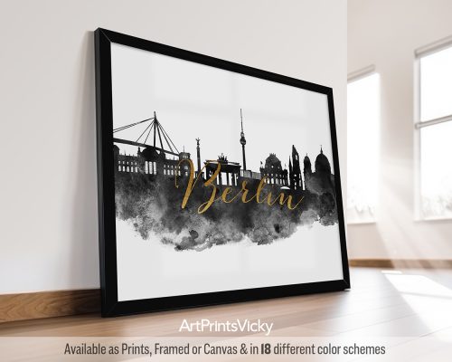 Black and white Berlin cityscape print with gold lettering "Berlin", by ArtPrintsVicky