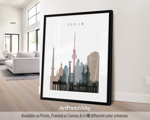 A "distressed 1" style poster of the Berlin skyline, featuring the Brandenburg Gate, Reichstag, and a textured, weathered aesthetic. Perfect for history lovers and those who appreciate Berlin's dynamic urban beauty by ArtPrintsVicky.