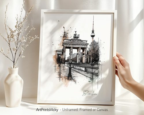 Artistic drawing of the Brandenburg Gate in Berlin with a modern design and soft colors.