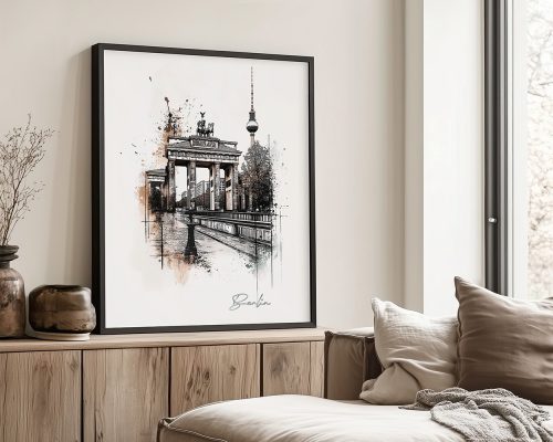 Artistic drawing of the Brandenburg Gate in Berlin with a splash of color.