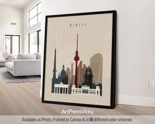 Berlin minimalist city print featuring iconic landmarks in Earth Tones 2 color palette by ArtPrintsVicky.