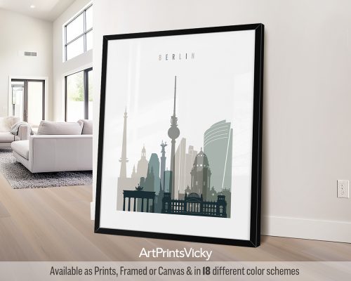 Berlin minimalist city print in cool Earth Tones 4. Features historic landmarks, and a modern skyline by ArtPrintsVicky