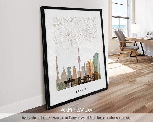 Berlin minimalist map & skyline poster featuring the Brandenburg Gate, the TV Tower, a street layout, all rendered in a warm Watercolor 1 style, by ArtPrintsVicky.