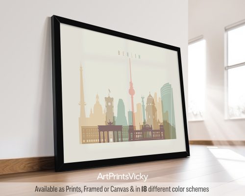 Berlin city skyline print rendered in a warm Pastel Cream palette with landscape orientation by ArtPrintsVicky