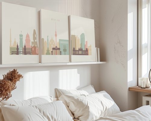 Three canvas prints depicting a stylized cityscape of Berlin with notable landmarks.