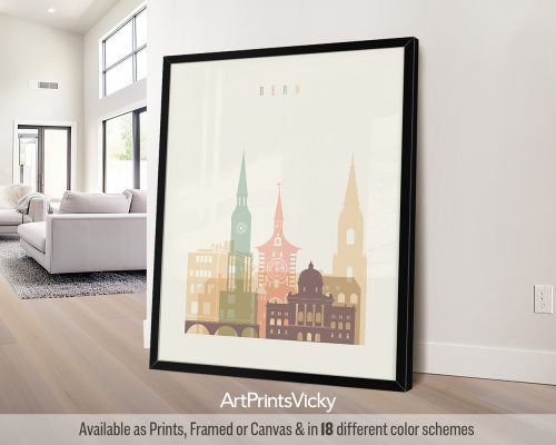Bern city skyline print in a warm Pastel Cream color theme by ArtPrintsVicky