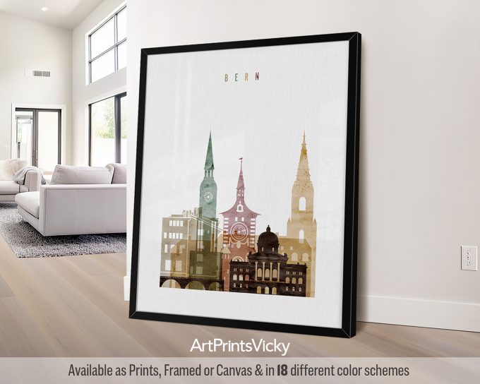 Art print of Bern featuring notable buildings in a stylized design with muted colors.