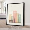 Art print featuring a stylized cityscape of Birmingham with prominent buildings and a statue.
