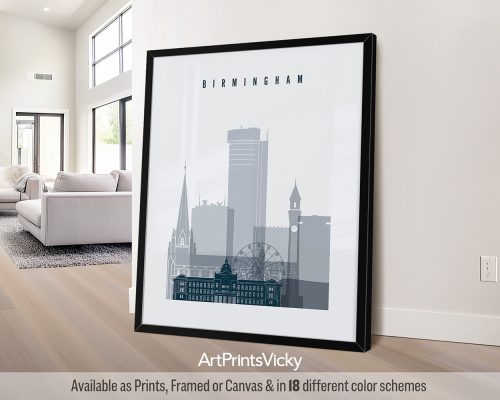 Birmingham, England skyline featuring canals, iconic landmarks, and modern architecture in a cool Grey Blue color palette by ArtPrintsVicky.