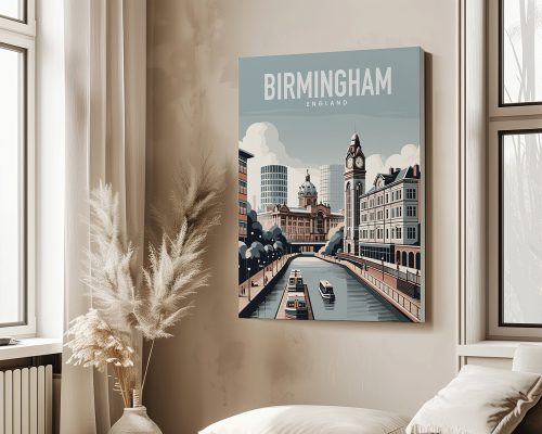 Art print featuring a stylized illustration of Birmingham, England with buildings and a canal.