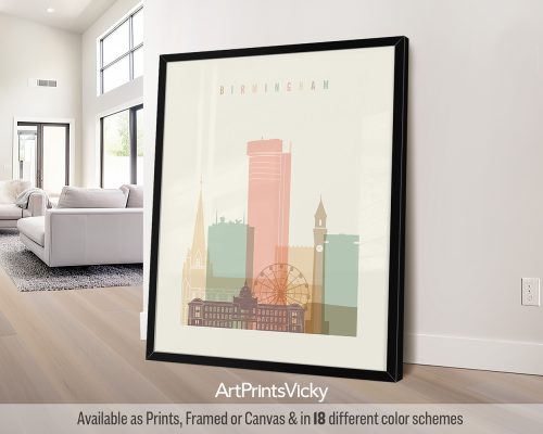 Birmingham UK city skyline print in a warm Pastel Cream color theme by ArtPrintsVicky