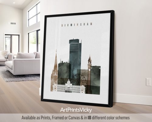 Birmingham, UK skyline featuring iconic landmarks, vibrant cityscape, and industrial heritage in a warm and textured Earthy Watercolor 2 style, by ArtPrintsVicky.