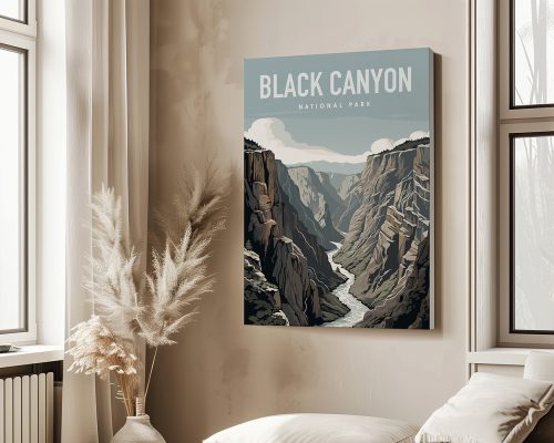 Art print featuring the Black Canyon National Park landscape with mountains and a river.