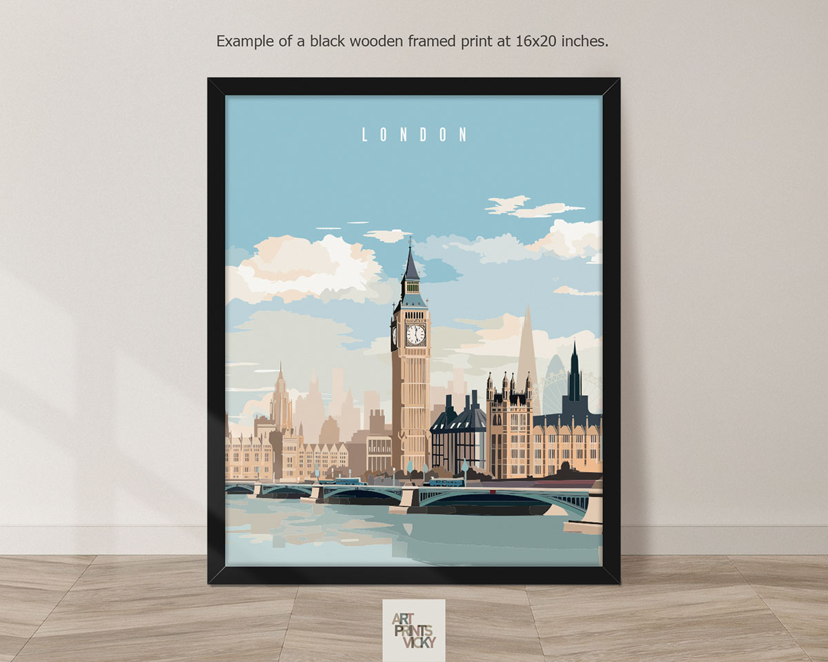 Travel Print of London as black frame print