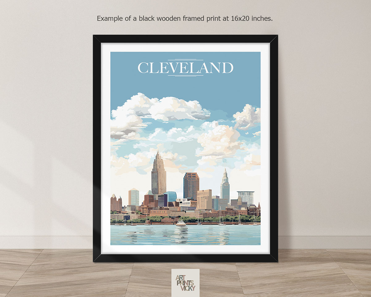 Cleveland City Poster as black frame print