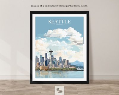 Seattle City Poster as black frame print