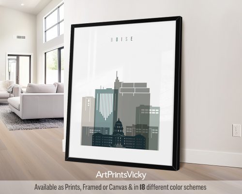 Boise minimalist art print in cool Earth Tones 4. Features the Idaho State Capitol, and the downtown skyline by ArtPrintsVicky
