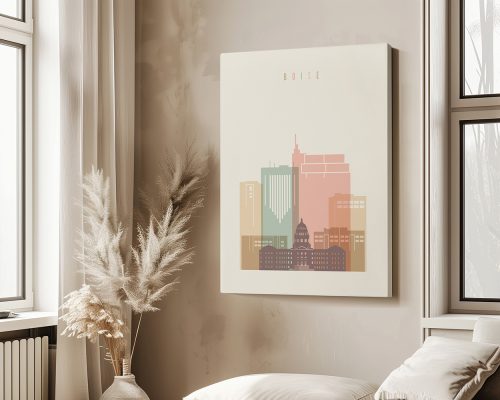 Artistic representation of Boise city skyline with pastel colors and prominent buildings.