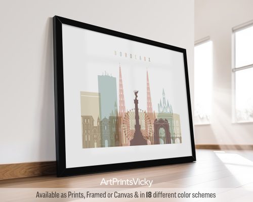 Bordeaux, France landscape skyline featuring the Place de la Bourse, Grand Théâtre, and other landmarks in a soft and dreamlike pastel white palette, by ArtPrintsVicky.