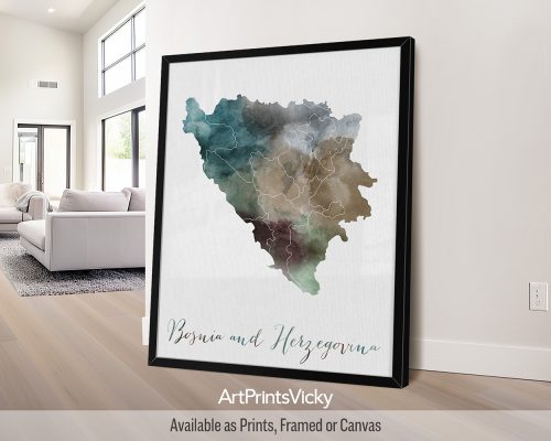 Bosnia and Herzegovina watercolor map poster with handwritten title by ArtPrintsVicky