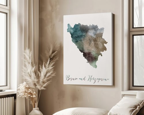 Map of Bosnia and Herzegovina with abstract colors and outlines of regions.