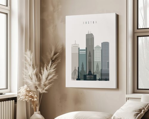 Illustration of the Boston city skyline featuring various buildings in shades of gray and green.