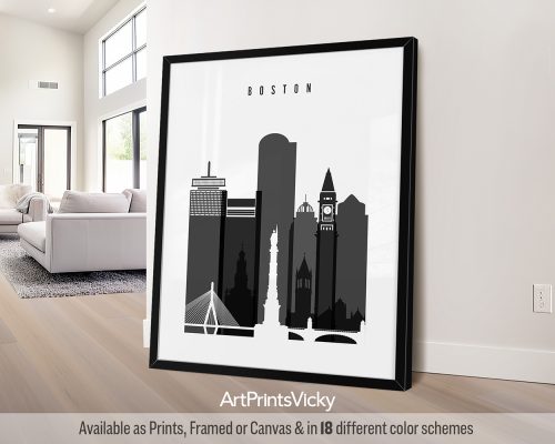 Black and white Boston skyline art print by ArtPrintsVicky