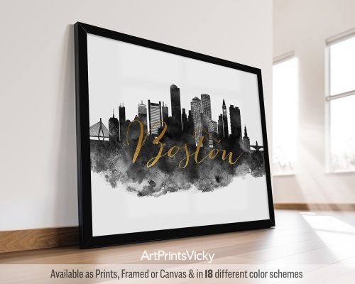 Black and white Boston cityscape print with gold lettering "Boston" by ArtPrintsVicky