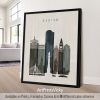 Art print featuring a stylized cityscape of Boston with notable buildings and structures.
