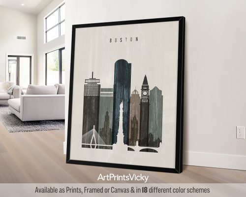 A "distressed 2" style art print of the Boston skyline, featuring iconic landmarks steeped in history and a beautifully textured. Perfect for lovers of Boston and weathered, time-worn aesthetics by ArtPrintsVicky.