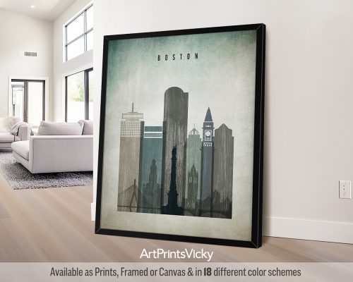 Boston skyline art print in a heavily worn Distressed 3 style by ArtPrintsVicky