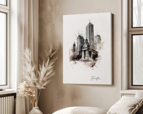 Art print of a Boston cityscape featuring buildings and a historic structure in a watercolor style.