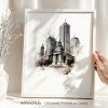 Artistic drawing of Boston's skyline with notable buildings and a clock tower.
