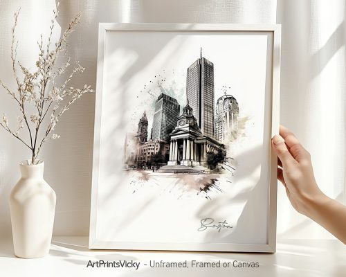 Artistic drawing of Boston's skyline with notable buildings and a clock tower.