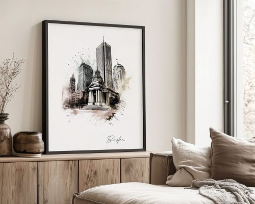 Artistic drawing of Boston's skyline featuring notable buildings and structures.
