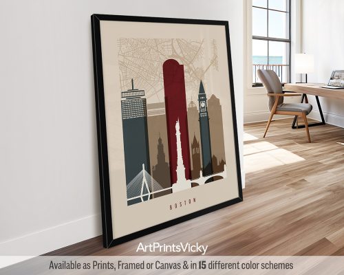 Boston city map with skyline close-up poster in Earth Tones 2 theme by ArtPrintsVicky.
