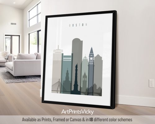 Boston minimalist art print in cool Earth Tones 4. Features historic landmarks, and a New England vibe by ArtPrintsVicky