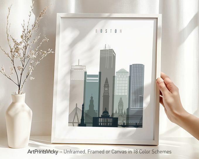 Framed artwork depicting a cityscape of Boston with various buildings and structures.