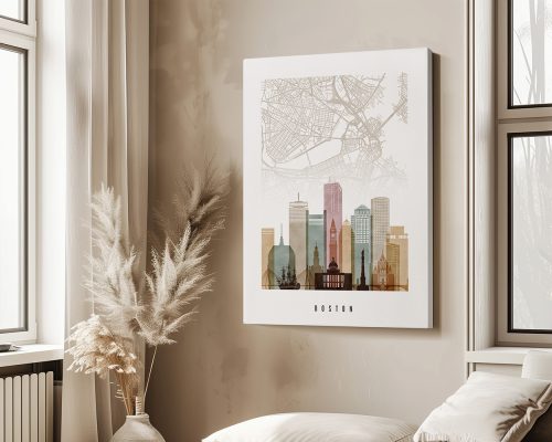 Art print featuring a stylized map of Boston with a skyline illustration in various colors.