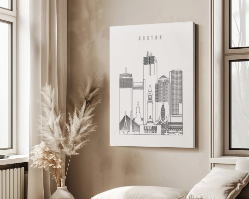 Line art illustration of Boston's skyline with notable buildings and structures.