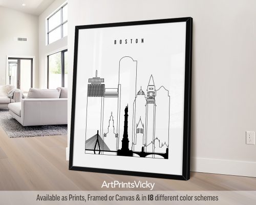 Black outline minimalist Boston skyline print by ArtPrintsVicky