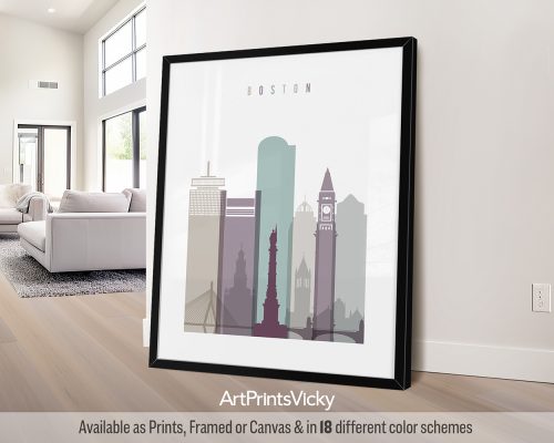 Boston modern skyline wall art print featuring the Freedom Trail, iconic landmarks, and vibrant cityscape in a cool and sophisticated Pastel 2 style. by ArtPrintsVicky.