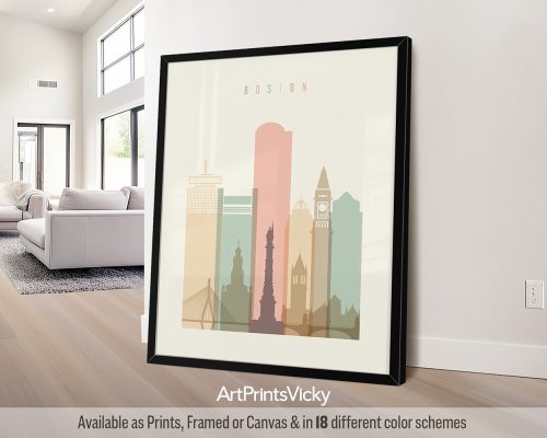 Boston city skyline print in a warm Pastel Cream color theme by ArtPrintsVicky