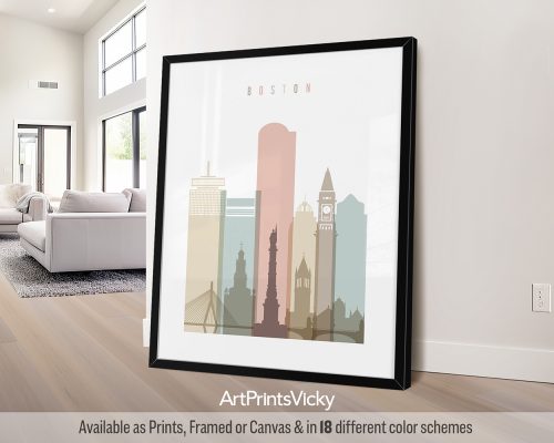 Pastel white Boston city skyline poster featuring the iconic landmarks by ArtPrintsVicky